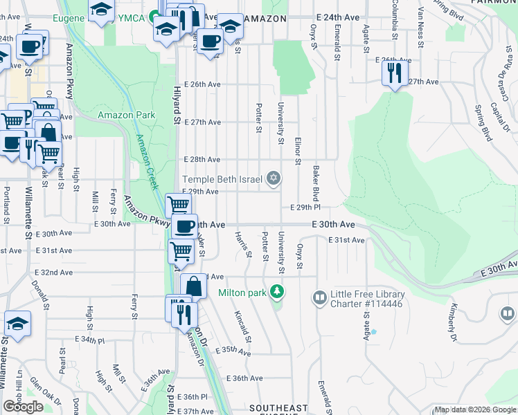 map of restaurants, bars, coffee shops, grocery stores, and more near 1150 East 29th Avenue in Eugene