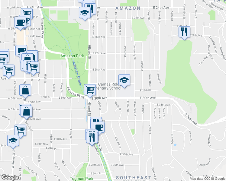 map of restaurants, bars, coffee shops, grocery stores, and more near 2950 Harris Street in Eugene