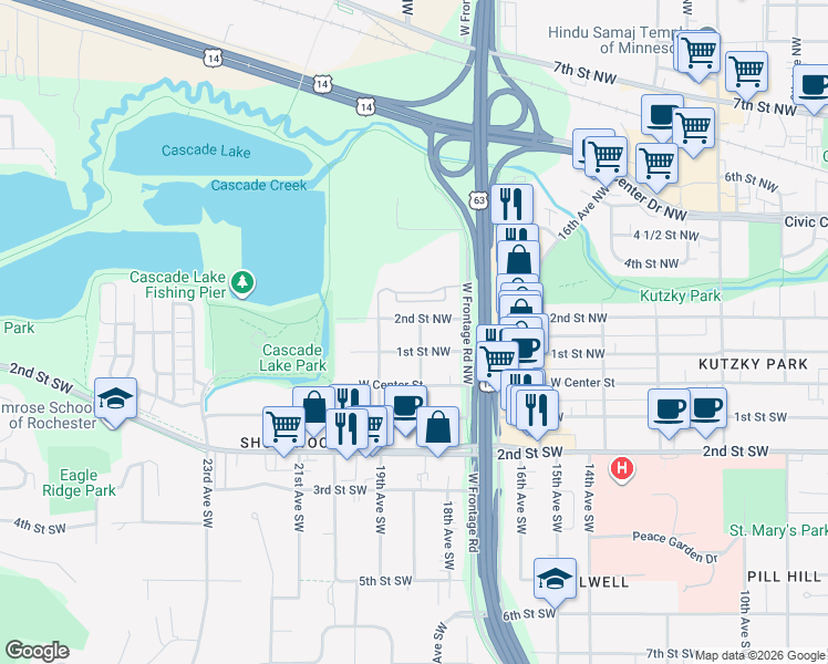 map of restaurants, bars, coffee shops, grocery stores, and more near 121 18th Avenue Northwest in Rochester