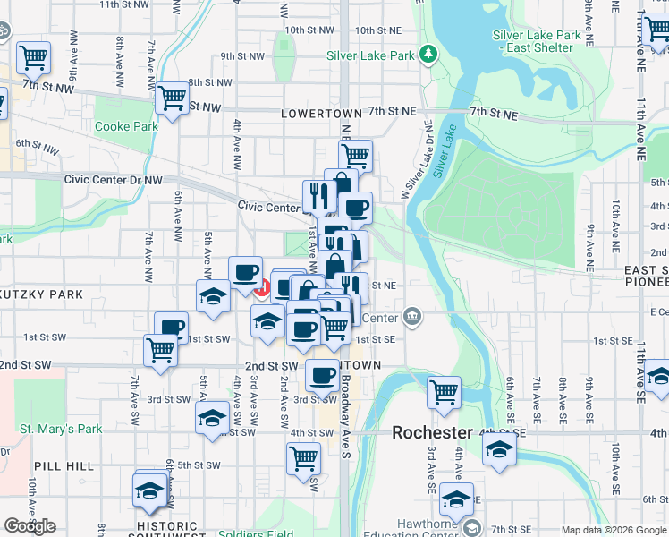 map of restaurants, bars, coffee shops, grocery stores, and more near in Rochester