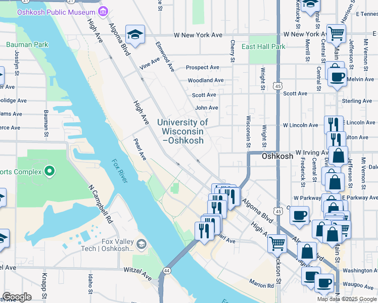 map of restaurants, bars, coffee shops, grocery stores, and more near 749 Algoma Boulevard in Oshkosh