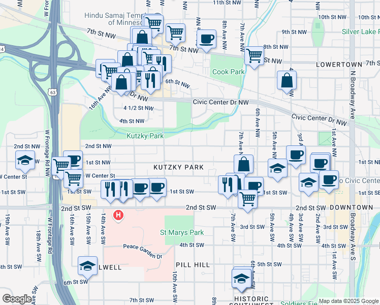 map of restaurants, bars, coffee shops, grocery stores, and more near 117 9th Avenue Southwest in Rochester