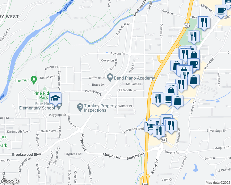 map of restaurants, bars, coffee shops, grocery stores, and more near 20008 Elizabeth Lane in Bend