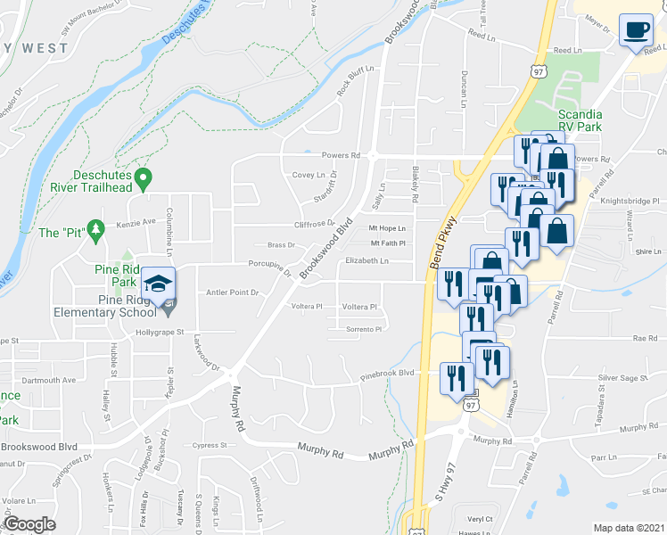 map of restaurants, bars, coffee shops, grocery stores, and more near 20013 Elizabeth Lane in Bend