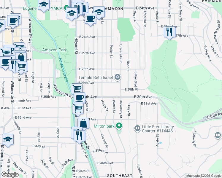 map of restaurants, bars, coffee shops, grocery stores, and more near 1150 East 29th Avenue in Eugene
