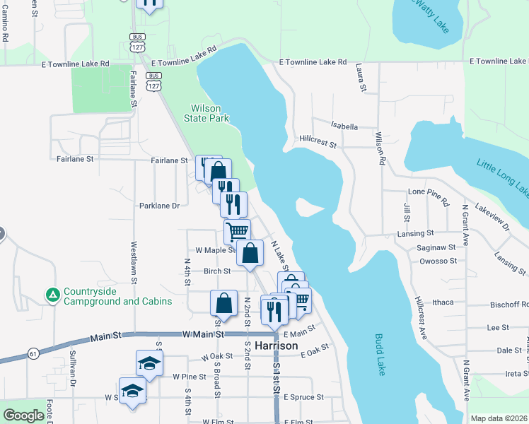 map of restaurants, bars, coffee shops, grocery stores, and more near N Lake St in Harrison
