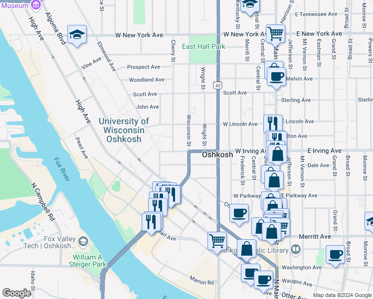 map of restaurants, bars, coffee shops, grocery stores, and more near 604 West Irving Avenue in Oshkosh