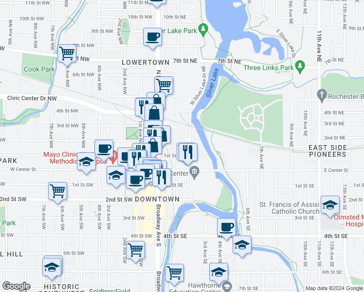 map of restaurants, bars, coffee shops, grocery stores, and more near 182 1st Avenue Northeast in Rochester