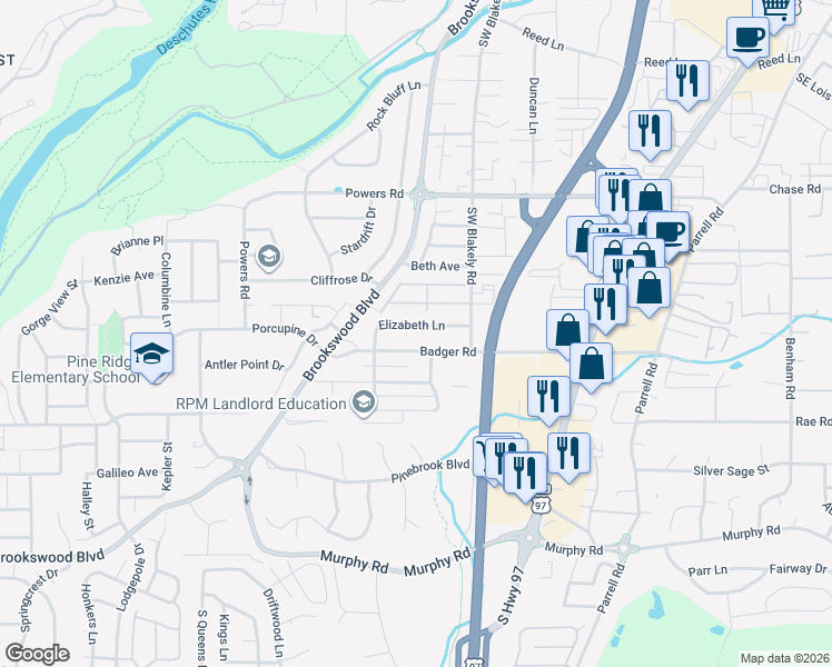 map of restaurants, bars, coffee shops, grocery stores, and more near 20049 Elizabeth Lane in Bend