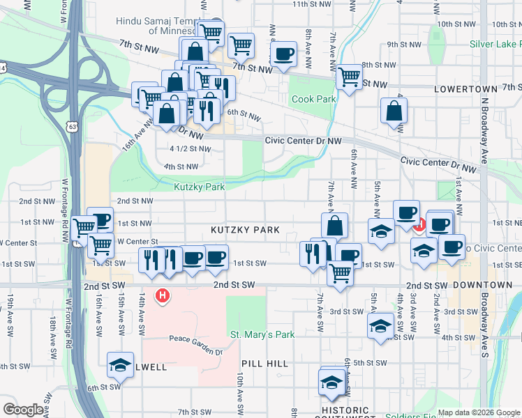 map of restaurants, bars, coffee shops, grocery stores, and more near 117 9th Avenue Southwest in Rochester