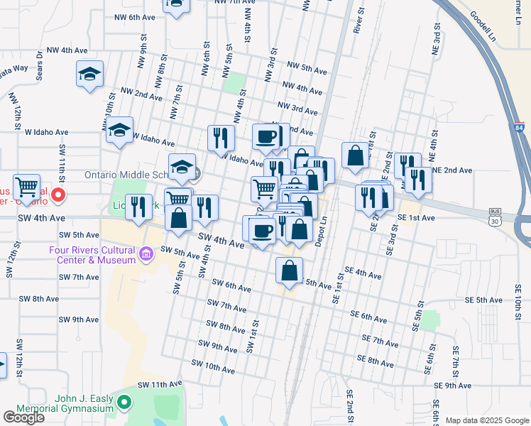 map of restaurants, bars, coffee shops, grocery stores, and more near 192 Southwest 2nd Avenue in Ontario