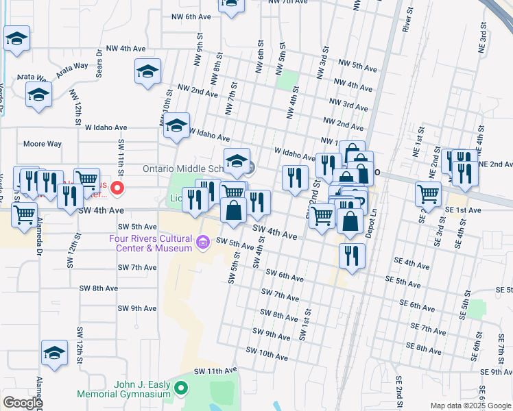 map of restaurants, bars, coffee shops, grocery stores, and more near 400 Southwest 3rd Avenue in Ontario