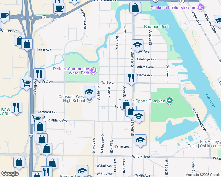 map of restaurants, bars, coffee shops, grocery stores, and more near 1422 Rush Avenue in Oshkosh