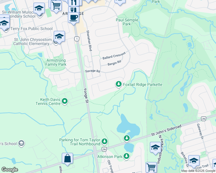 map of restaurants, bars, coffee shops, grocery stores, and more near 69 Foxtail Ridge in Newmarket