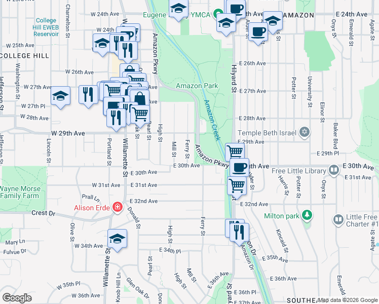 map of restaurants, bars, coffee shops, grocery stores, and more near 2951 Ferry Street in Eugene