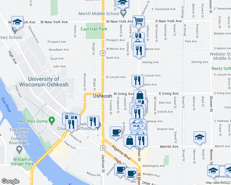 map of restaurants, bars, coffee shops, grocery stores, and more near 228 West Irving Avenue in Oshkosh