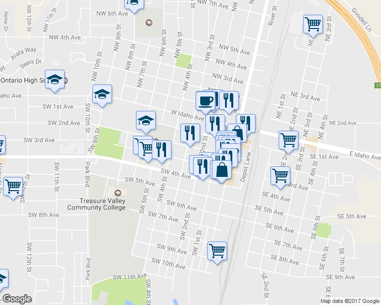 map of restaurants, bars, coffee shops, grocery stores, and more near 236 Southwest 3rd Street in Ontario