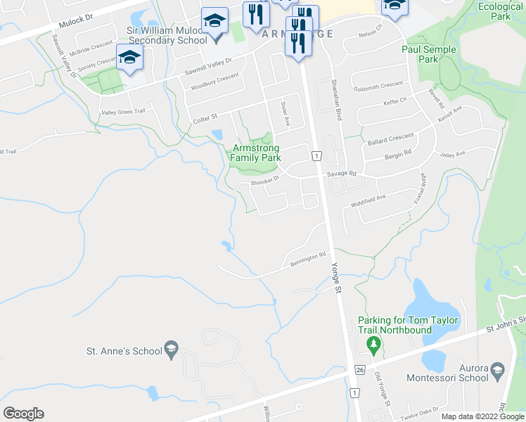 map of restaurants, bars, coffee shops, grocery stores, and more near 976 Oaktree Crescent in Newmarket