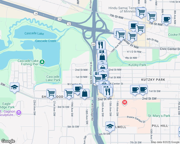 map of restaurants, bars, coffee shops, grocery stores, and more near 1718 2nd Street Northwest in Rochester