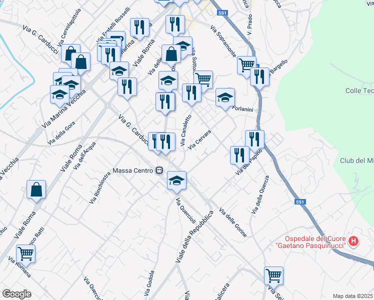 map of restaurants, bars, coffee shops, grocery stores, and more near 171 Via Cervara in Massa