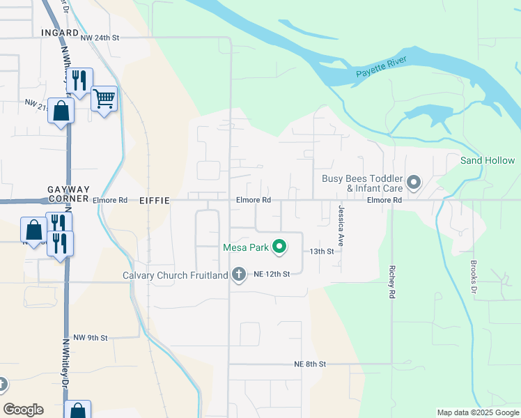 map of restaurants, bars, coffee shops, grocery stores, and more near 1506 Burton Avenue in Fruitland