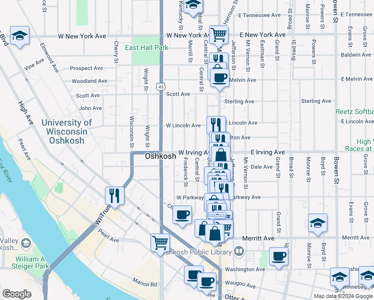 map of restaurants, bars, coffee shops, grocery stores, and more near 216 West Irving Avenue in Oshkosh