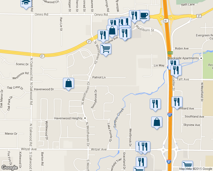 map of restaurants, bars, coffee shops, grocery stores, and more near 2410 Springmill Drive in Oshkosh