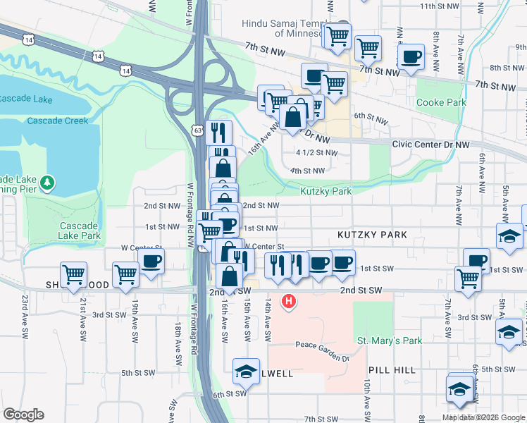 map of restaurants, bars, coffee shops, grocery stores, and more near 117 13th Avenue Southwest in Rochester