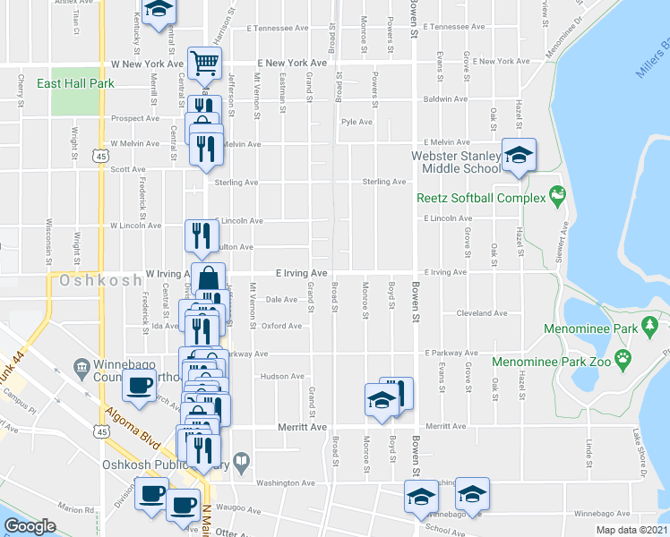 map of restaurants, bars, coffee shops, grocery stores, and more near 502 East Irving Avenue in Oshkosh