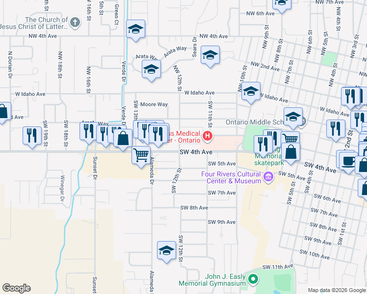 map of restaurants, bars, coffee shops, grocery stores, and more near 1193 Southwest 4th Avenue in Ontario