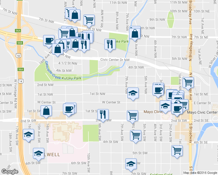 map of restaurants, bars, coffee shops, grocery stores, and more near 826 2nd Street Northwest in Rochester