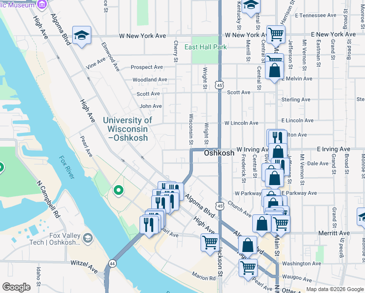 map of restaurants, bars, coffee shops, grocery stores, and more near 614 West Irving Avenue in Oshkosh