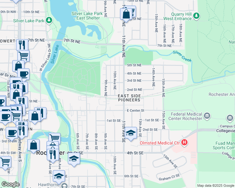 map of restaurants, bars, coffee shops, grocery stores, and more near 204 10th Avenue Southeast in Rochester
