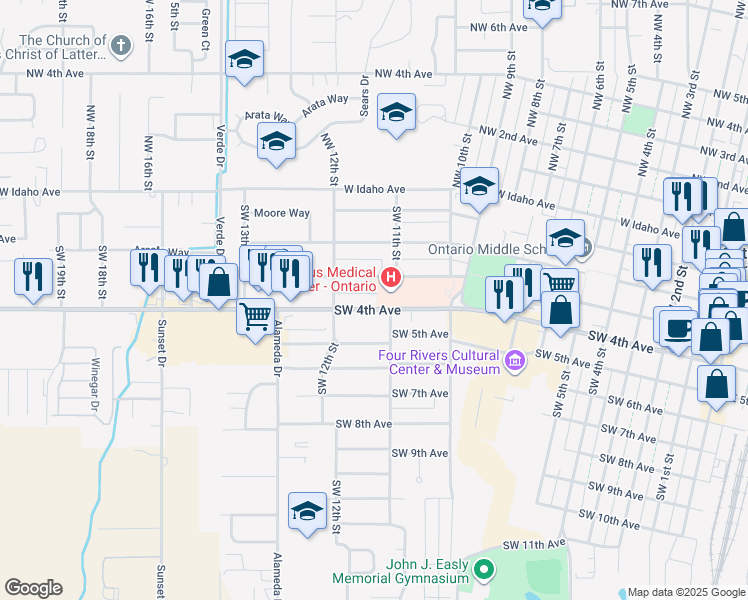 map of restaurants, bars, coffee shops, grocery stores, and more near 1127 Southwest 4th Avenue in Ontario