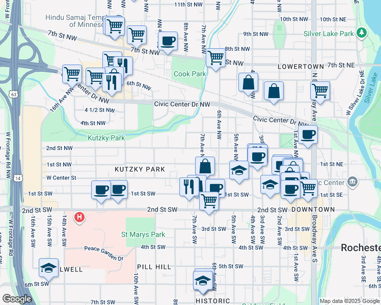 map of restaurants, bars, coffee shops, grocery stores, and more near 720 2nd Street Southwest in Rochester