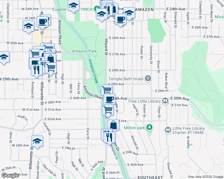 map of restaurants, bars, coffee shops, grocery stores, and more near 2940 Alder Street in Eugene