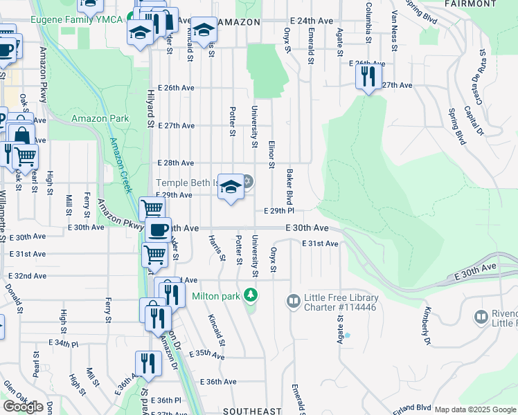 map of restaurants, bars, coffee shops, grocery stores, and more near 1205 East 29th Place in Eugene