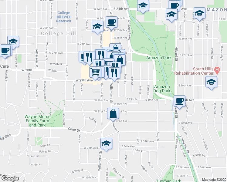 map of restaurants, bars, coffee shops, grocery stores, and more near 2966 Oak Street in Eugene
