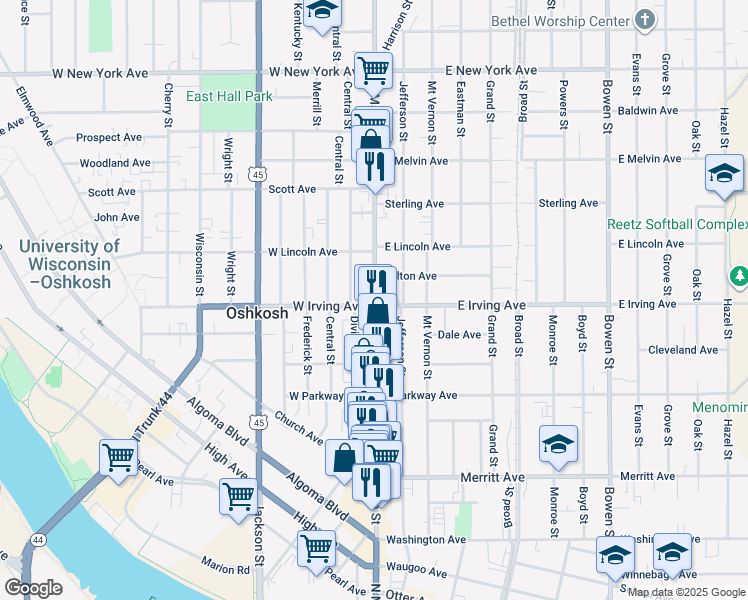 map of restaurants, bars, coffee shops, grocery stores, and more near in Oshkosh