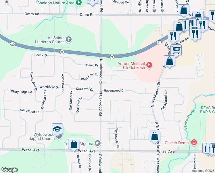 map of restaurants, bars, coffee shops, grocery stores, and more near 2770 Havenwood Drive in Oshkosh