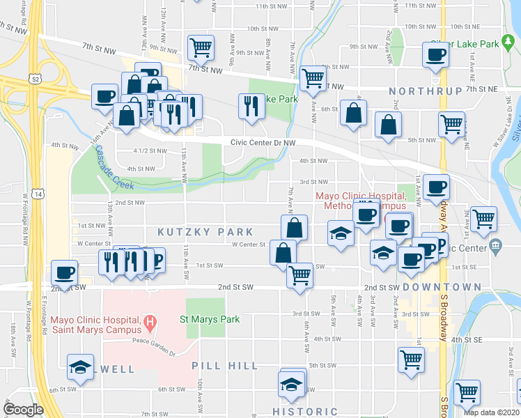 map of restaurants, bars, coffee shops, grocery stores, and more near 826 2nd Street Northwest in Rochester