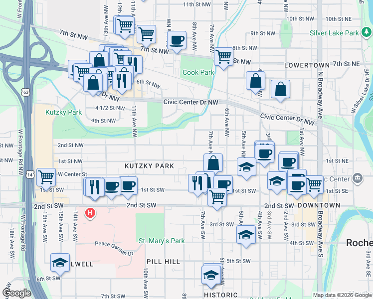map of restaurants, bars, coffee shops, grocery stores, and more near 826 2nd Street Northwest in Rochester