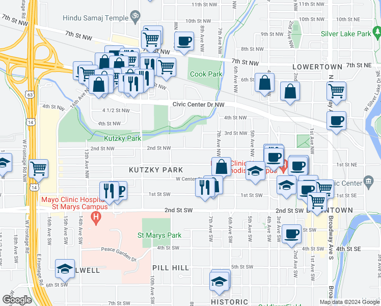 map of restaurants, bars, coffee shops, grocery stores, and more near 826 2nd Street Northwest in Rochester