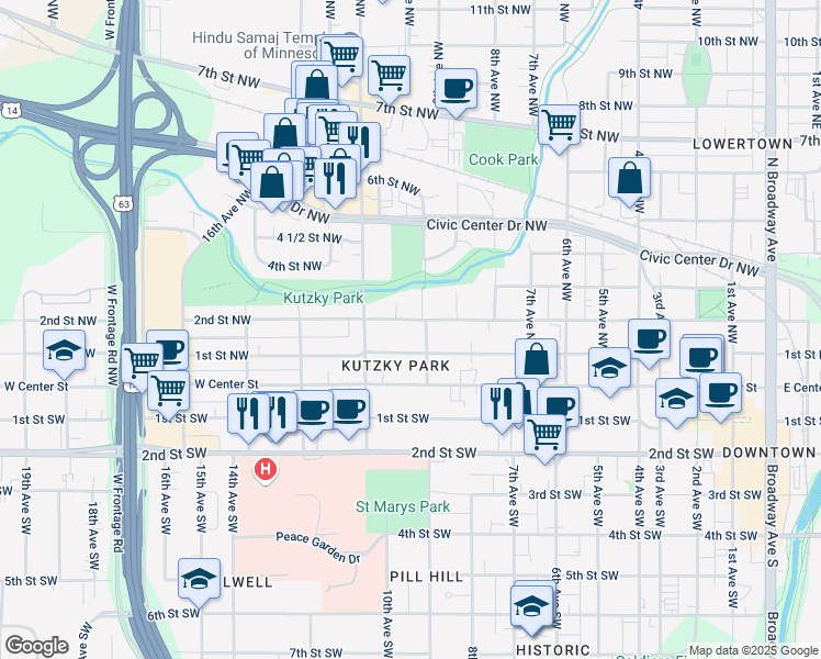 map of restaurants, bars, coffee shops, grocery stores, and more near 117 9th Avenue Southwest in Rochester