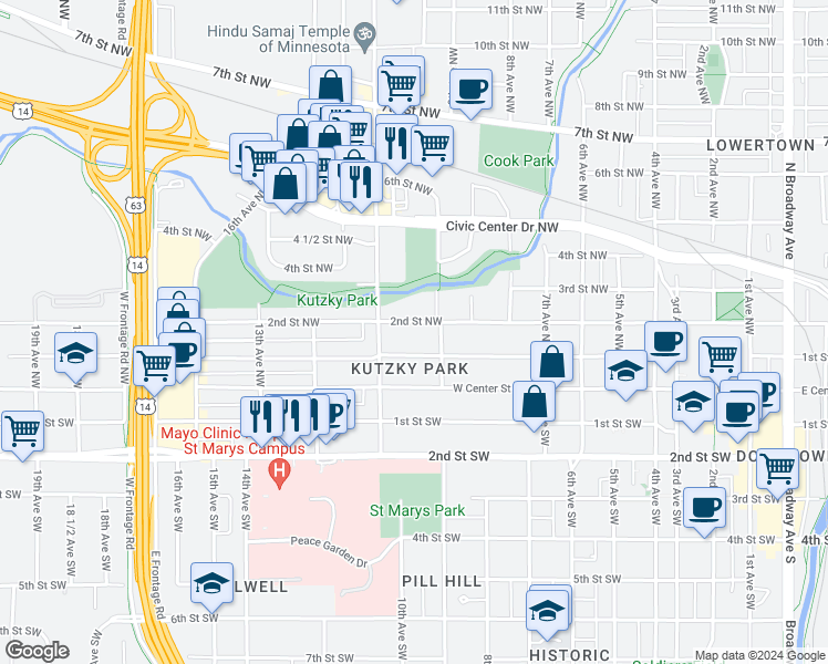 map of restaurants, bars, coffee shops, grocery stores, and more near 1008 2nd Street Southwest in Rochester
