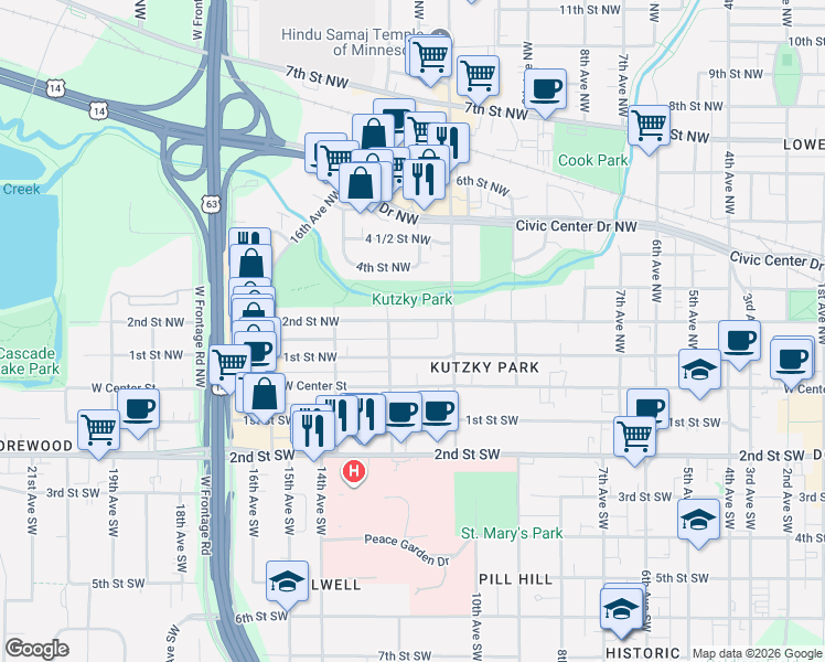 map of restaurants, bars, coffee shops, grocery stores, and more near 116 12th Avenue Southwest in Rochester