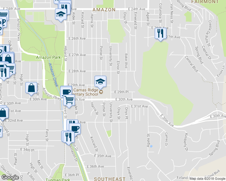 map of restaurants, bars, coffee shops, grocery stores, and more near 1205 East 29th Place in Eugene