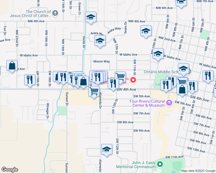 map of restaurants, bars, coffee shops, grocery stores, and more near 1229 Southwest 4th Avenue in Ontario