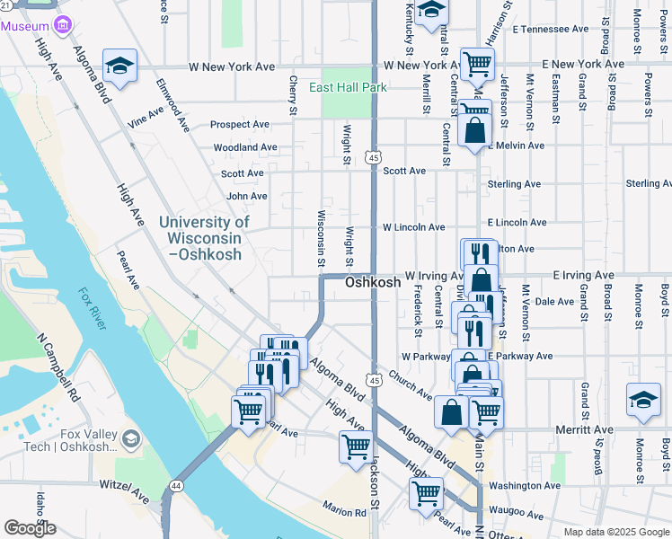 map of restaurants, bars, coffee shops, grocery stores, and more near 514 West Irving Avenue in Oshkosh