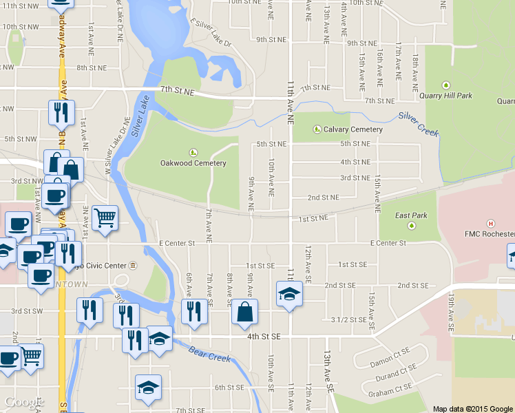 map of restaurants, bars, coffee shops, grocery stores, and more near 204 9th Avenue Northeast in Rochester